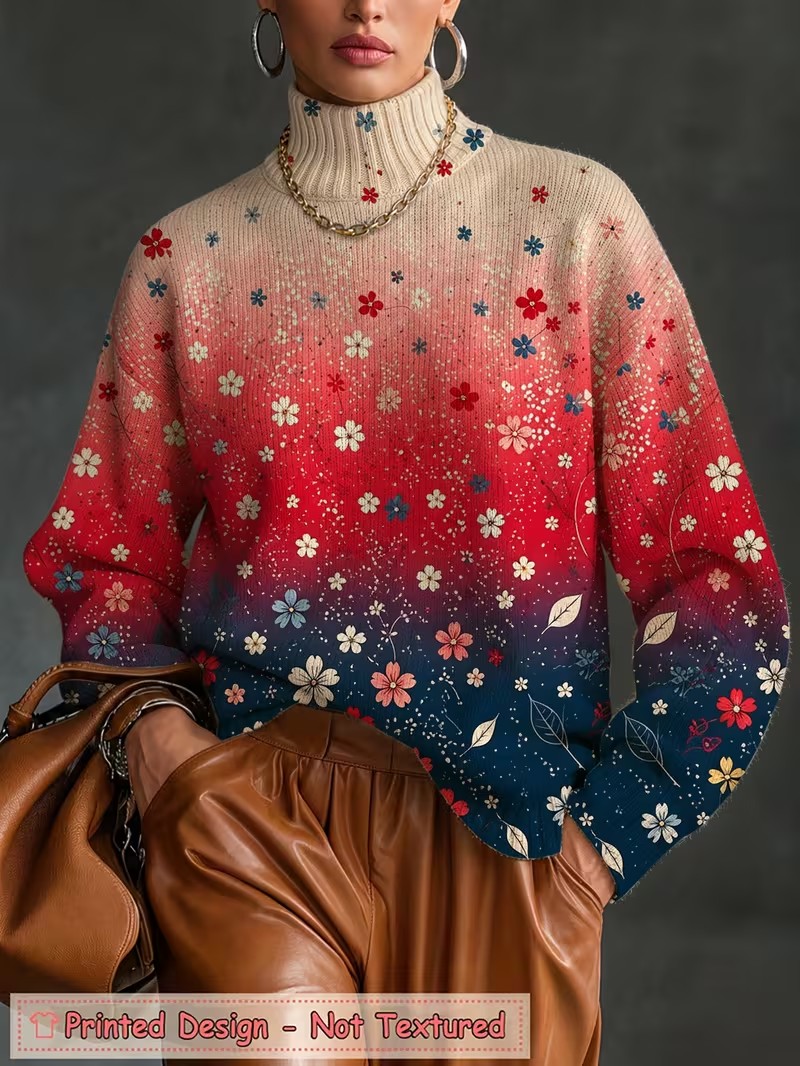 Winter Clothing For Women - Kadın Balıkçı Yaka Tişört, Gradyan Çiçek